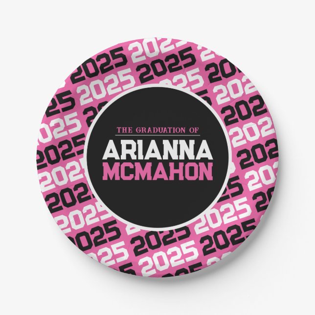 Hot Pink & Black Personalised Graduation Paper Plate (Front)