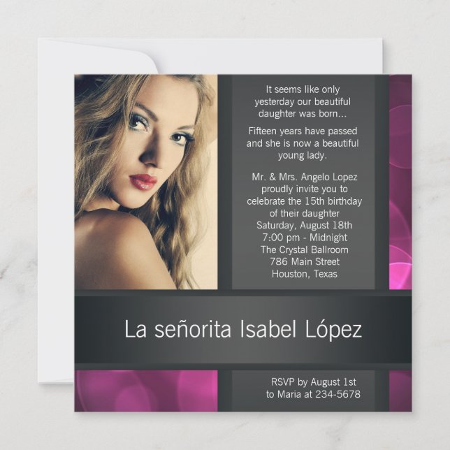 Hot Pink Black Photo Quinceanera Invitations (Front)