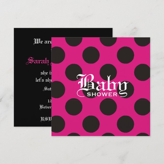 Hot Pink & Black Polka Dot Baby Invitation (Front/Back)