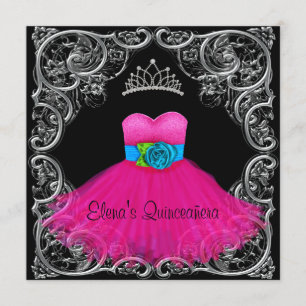 Hot Pink Black Quinceanera Invitations