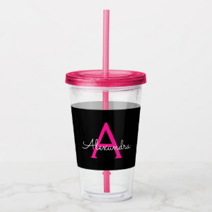Hot Pink Black Script Girly Monogram Name Acrylic Tumbler