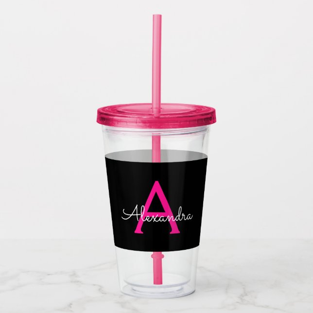 Hot Pink Black Script Girly Monogram Name Acrylic Tumbler (Front)