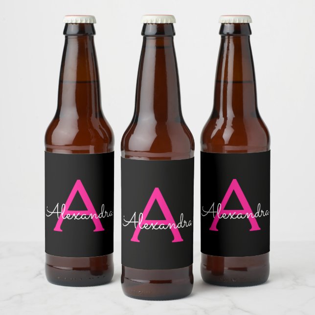 Hot Pink Black Script Girly Monogram Name Beer Bottle Label (Bottles)