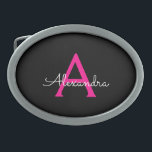 Hot Pink Black Script Girly Monogram Name Belt Buckle<br><div class="desc">Black and Hot Pink Simple Script Monogram Name Belt Buckle. This makes the perfect graduation,  sweet 16 16th,  18th,  21st,  30th,  40th,  50th,  60th,  70th,  80th,  90th,  100th birthday,  wedding,  bridal shower,  anniversary,  baby shower or bachelorette party gift for someone that loves glam luxury and chic styles.</div>