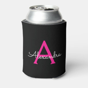 Hot Pink Black Script Girly Monogram Name Can Cooler