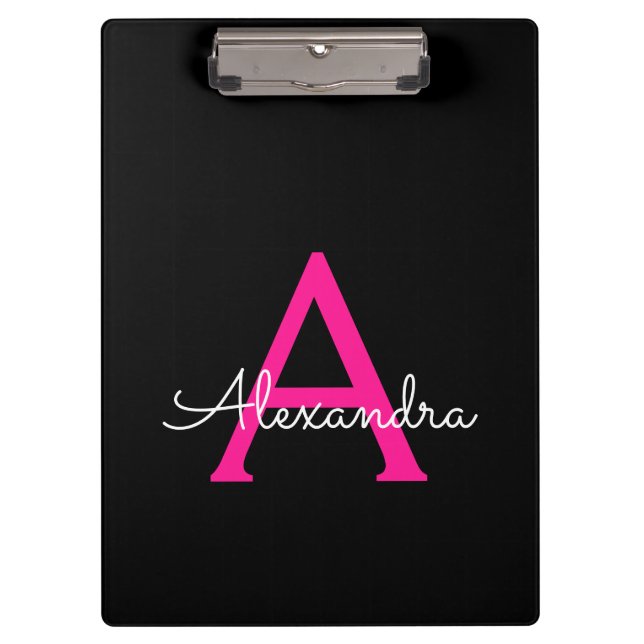 Hot Pink Black Script Girly Monogram Name Clipboard (Front)