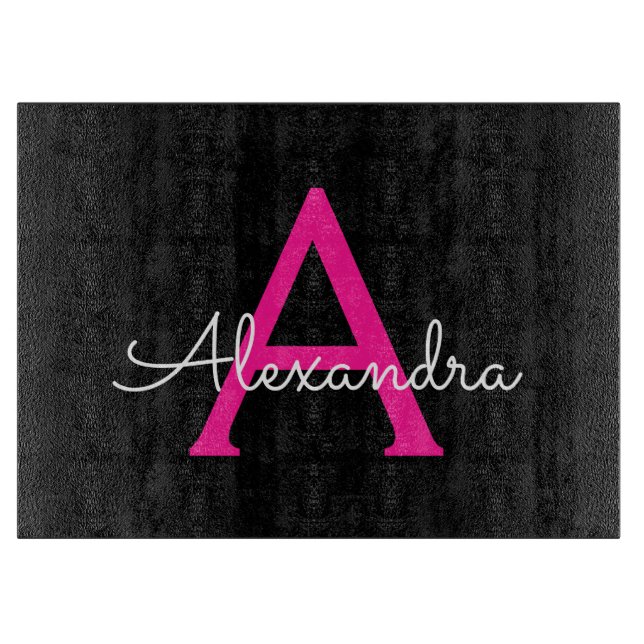 Hot Pink Black Script Girly Monogram Name Cutting Board (Front)