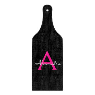 Hot Pink Black Script Girly Monogram Name Cutting Board
