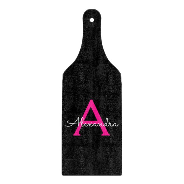 Hot Pink Black Script Girly Monogram Name Cutting Board (Front)