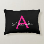 Hot Pink Black Script Girly Monogram Name Decorative Cushion<br><div class="desc">Black and Hot Pink Script Monogram Name and Initial Pillow. The pillow makes the perfect sweet 16 birthday,  wedding,  bridal shower,  baby shower or bachelorette party gift for someone decorating her room in rose gold.</div>