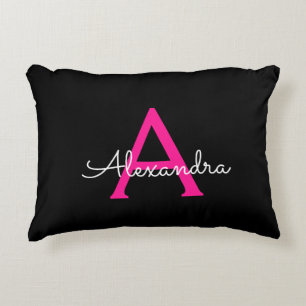 Hot Pink Black Script Girly Monogram Name Decorative Cushion