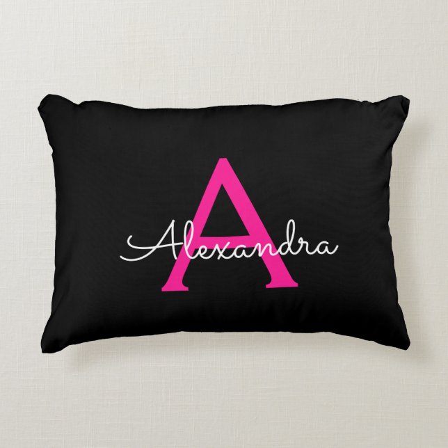 Hot Pink Black Script Girly Monogram Name Decorative Cushion (Front)