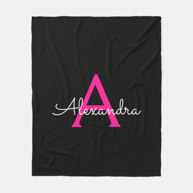 Hot Pink Black Script Girly Monogram Name Fleece Blanket (Front)