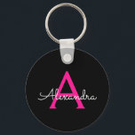 Hot Pink Black Script Girly Monogram Name Key Ring<br><div class="desc">Black and Hot Pink Simple Script Monogram Name Keychains (Key Chain). This makes the perfect sweet 16 birthday,  wedding,  bridal shower,  anniversary,  baby shower or bachelorette party gift for someone that loves glam luxury and chic styles.</div>