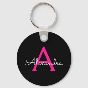 Hot Pink Black Script Girly Monogram Name Key Ring