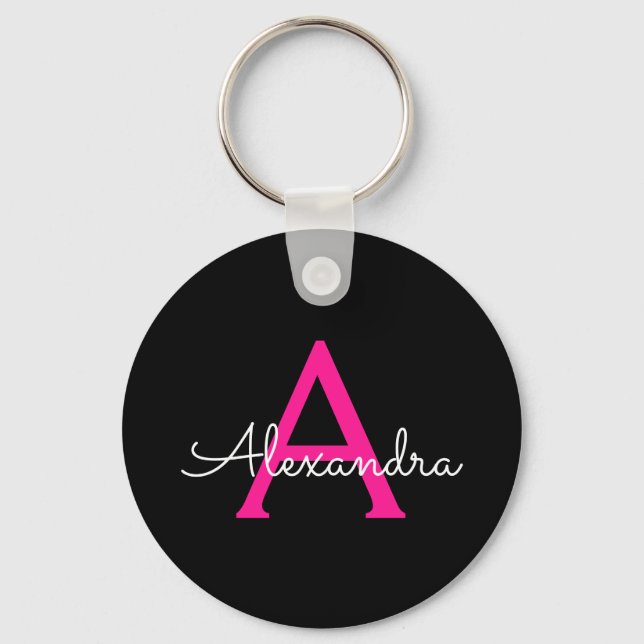 Hot Pink Black Script Girly Monogram Name Key Ring (Front)