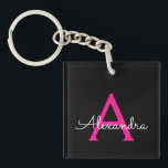 Hot Pink Black Script Girly Monogram Name Key Ring<br><div class="desc">Black and Hot Pink Simple Script Monogram Name Keychain. This makes the perfect sweet 16 birthday,  wedding,  bridal shower,  anniversary,  baby shower or bachelorette party gift for someone that loves glam luxury and chic styles.</div>