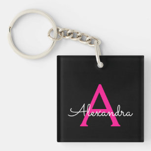 Hot Pink Black Script Girly Monogram Name Key Ring