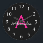 Hot Pink Black Script Girly Monogram Name Large Clock<br><div class="desc">Hot Pink and Black Simple Script Monogram Name Clock. This makes the perfect sweet 16 birthday,  wedding,  bridal shower,  anniversary,  baby shower or bachelorette party gift for someone that loves glam luxury and chic styles.</div>