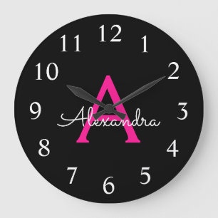 Hot Pink Black Script Girly Monogram Name Large Clock