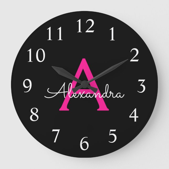 Hot Pink Black Script Girly Monogram Name Large Clock (Front)