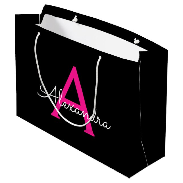 Hot Pink Black Script Girly Monogram Name Large Gift Bag (Back Angled)