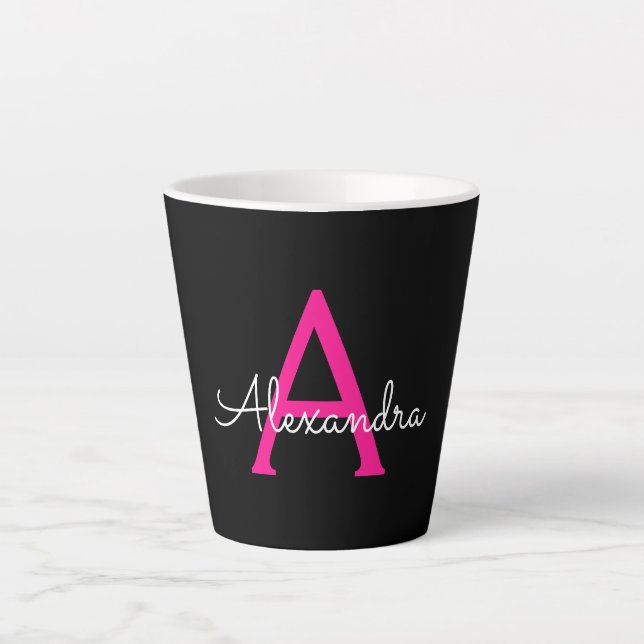 Hot Pink Black Script Girly Monogram Name Latte Mug (Front)
