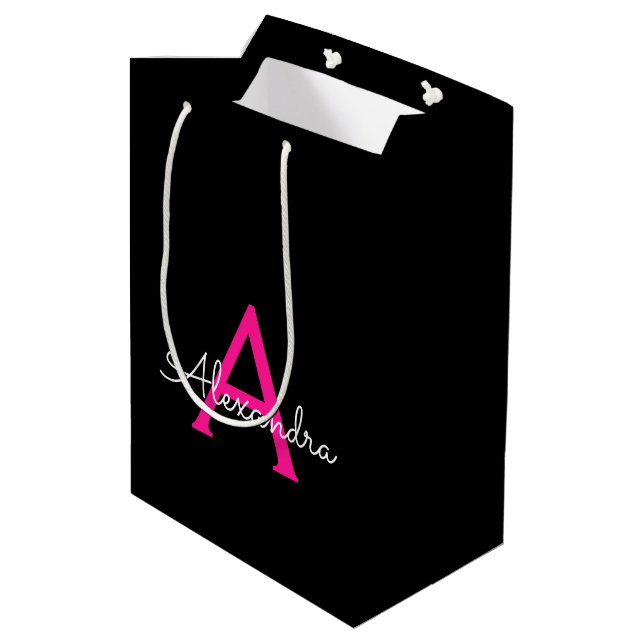 Hot Pink Black Script Girly Monogram Name Medium Gift Bag (Back Angled)