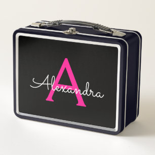 Hot Pink Black Script Girly Monogram Name Metal Lunch Box