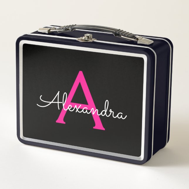 Hot Pink Black Script Girly Monogram Name Metal Lunch Box (Front)