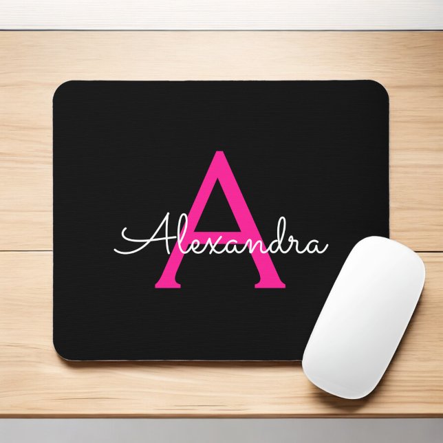 Hot Pink Black Script Girly Monogram Name Mouse Mat (Creator Uploaded)