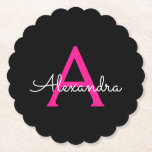 Hot Pink Black Script Girly Monogram Name Paper Coaster<br><div class="desc">Black and Hot Pink Simple Script Monogram Name Paper Coasters. This makes the perfect graduation,  birthday,  wedding,  bridal shower,  anniversary,  baby shower or bachelorette party gift for someone that loves glam luxury and chic styles.</div>