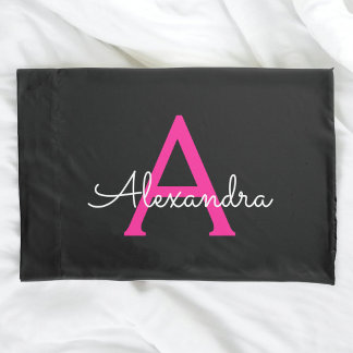 Hot Pink Black Script Girly Monogram Name Pillowcase