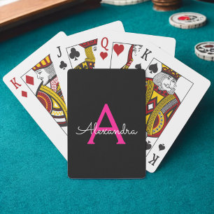 Hot Pink Black Script Girly Monogram Name Playing Cards