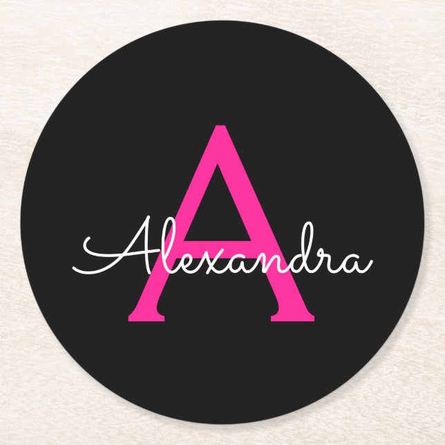 Hot Pink Black Script Girly Monogram Name Round Paper Coaster (Front)