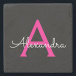 Hot Pink Black Script Girly Monogram Name Stone Coaster<br><div class="desc">Black and Hot Pink Simple Script Monogram Name Stone Tile. This makes the perfect graduation,  sweet 16 birthday,  wedding,  bridal shower,  anniversary,  baby shower or bachelorette party gift for someone that loves glam luxury and chic styles.</div>