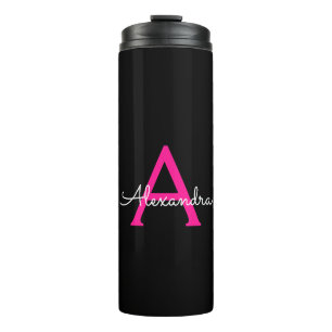 Hot Pink Black Script Girly Monogram Name Thermal Tumbler