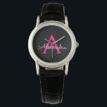 Hot Pink Black Script Girly Monogram Name Watch<br><div class="desc">Black and Hot Pink Simple Script Monogram Name Watch. This makes the perfect graduation,  birthday,  wedding,  bridal shower,  anniversary,  baby shower or bachelorette party gift for someone that loves glam luxury and chic styles.</div>