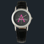 Hot Pink Black Script Girly Monogram Name Watch<br><div class="desc">Black and Hot Pink Simple Script Monogram Name Watch. This makes the perfect graduation,  birthday,  wedding,  bridal shower,  anniversary,  baby shower or bachelorette party gift for someone that loves glam luxury and chic styles.</div>