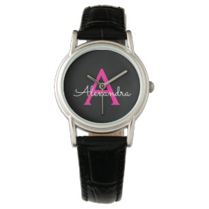 Hot Pink Black Script Girly Monogram Name Watch