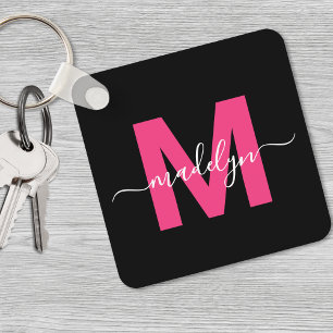 Hot Pink Black Script Name Monogram Key Ring
