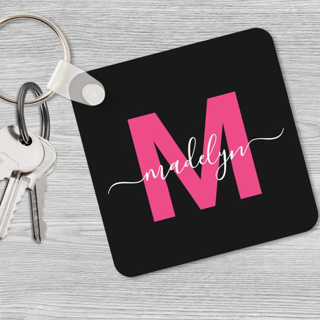 Hot Pink Black Script Name Monogram Key Ring (Hot Pink Black Script Name Monogram keychain)