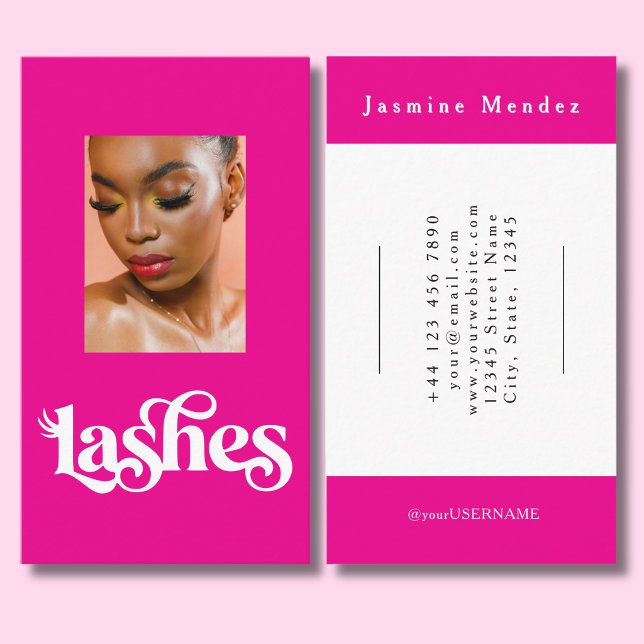 Hot Pink Black Script Photo Lash Technician Business Card (Creator Uploaded)