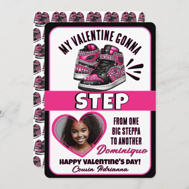 Hot Pink/Black Sneaker Photo Classroom Valentine Holiday Card (Front/Back)