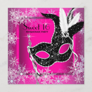 Hot Pink Black Snowflake Sweet 16 Masquerade Party Invitation