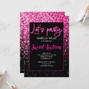 Hot pink black sparkles Sweet 16 neon lets party Invitation