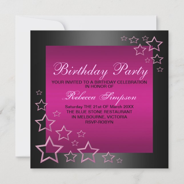 Hot Pink & Black Star Birthday Invitation (Front)