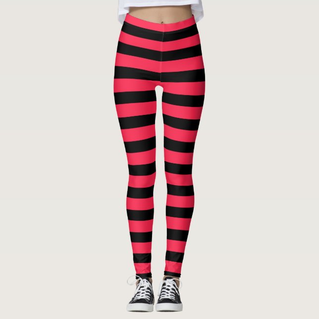Hot Pink Black Strawberry Costume Halloween Stripe Leggings (Front)