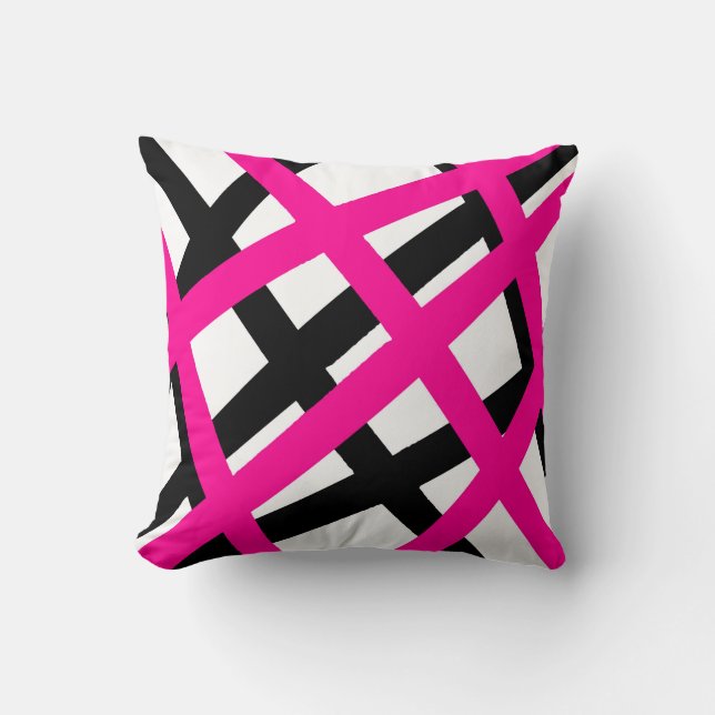 Hot Pink Black Stripe Geometric Cushion (Front)