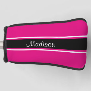 Hot Pink Black Stripe Script Name Monogram Golf Head Cover